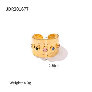 Detail of 1.35cm wide 18K gold stainless steel ring with colorful zircon inlay