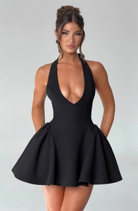 Elegant black deep V-neck halter dress with cinched waist and pleated flared skirt detail