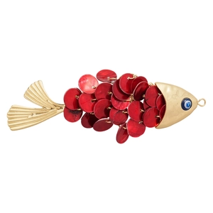 Elegant gold fish hair clip with red shell scales and blue eye on white background