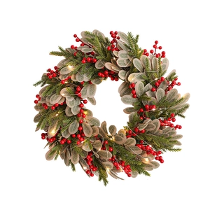 40cm Christmas wreath with red berries and warm LED lights for front door decoration