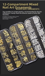 Detailed view of 12-slot cases with gold and silver nail art rivets and mixed shapes