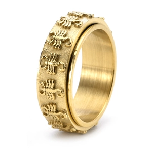 Rotating gold stainless steel scorpion ring for men with vintage relief and anti-stress feature