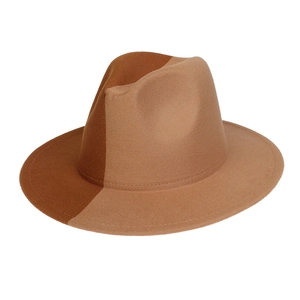 Detail of the high-quality two-tone camel and terracotta wool fedora hat with flat brim