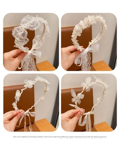 Detailed views of four white lace and pearl headbands with floral and bow decorations