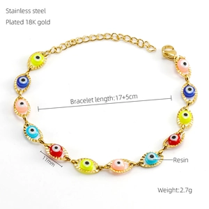 Detail view of Evil Eye bracelet with 18K gold stainless steel and resin beads