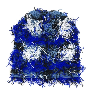 Blue camouflage knitted beanie hat with distressed frayed details for hip-hop fashion style