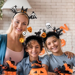 Halloween headband set featuring glitter pumpkins, bats, and feathers for family parties