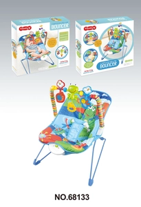 Macro view of blue baby bouncer frame and colorful cartoon padding with hanging toy bar