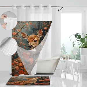 Forest deer printed waterproof shower curtain and absorbent bath mat set in white bathroom