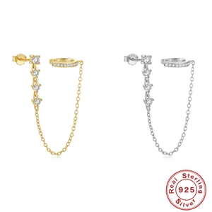 S925 sterling silver chain earrings with cz studs and non-pierced ear cuff link