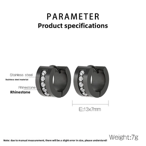 Parameter view of black stainless steel earrings with cubic zirconia, size 13x7mm, 7g