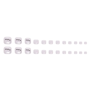 Pearly lilac and white press-on toenails with STYLE letter print and wave patterns