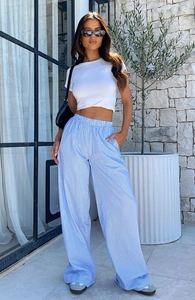 Women's casual high-waisted wide-leg pants with blue and white stripes and elastic waist
