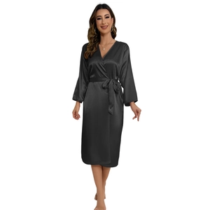 Elegant black silk satin long-sleeve bathrobe with waist tie and V-neckline