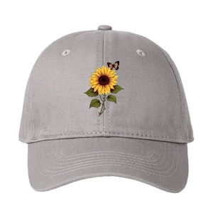 Unisex grey baseball cap with sunflower and butterfly embroidery on a white background