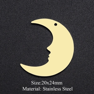 Macro detail of 20x24mm gold stainless steel moon face pendant with dimensions and material