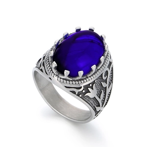 Vintage royal style stainless steel ring for men with purple gemstone and floral carving