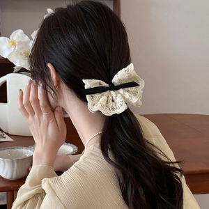 French vintage double-layered cream lace bow hair scrunchie with a black silk ribbon knot