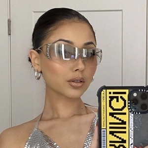 Randlose Y2K Silber Sport Sonnenbrille mit Strassbesatz und Shield-Gläsern