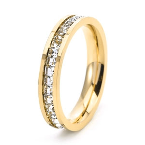 Detail of gold titanium ring with channel-set square crystals and polished inner band