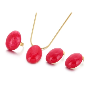 Golden titanium steel jewelry set with rose red enamel stones including necklace and ring