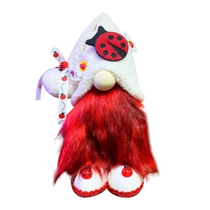 Standing ladybug themed Christmas gnome doll with plush beard and white daisy hat