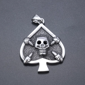 Macro shot of vintage silver skull pendant inside a spade shape with rustic metallic texture