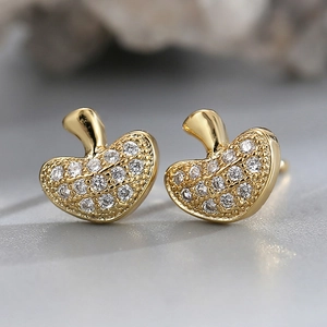 Elegant gold plated heart shaped stud earrings with micro paved white zircon crystals