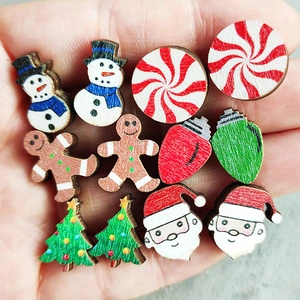 Christmas Stud Earrings Wooden Cartoon Santa Snowman Gingerbread Man Tree Patterns With Steel Earring Post For Women