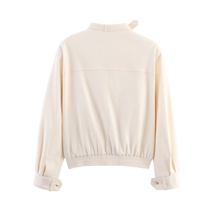 Back view of stylish beige loose jacket with elastic hem and adjustable cuffs