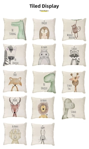 Flat lay of 14 cartoon animal linen pillow covers featuring lions and inspiration quotes