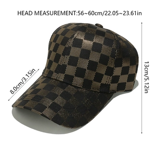 Detailed size specifications for gold checkered baseball cap with adjustable strap