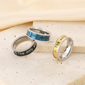 Stainless Steel Ring Engraved The Only Eternal Rhinestone Inlaid Fashion Trendy Couple Jewelry Gift For Women Girls