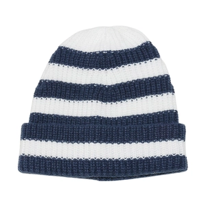 Detailed view of the thick knit texture and blue and white stripes on the winter beanie