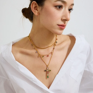 Three-layer 18K gold plated stainless steel necklace set with multi-color zircon cross