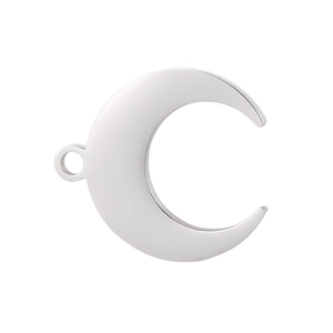 Detailed view of a silver crescent moon pendant charm in polished stainless steel