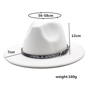 Detailed dimensions of white wool fedora hat with size 56-58cm and leather belt buckle