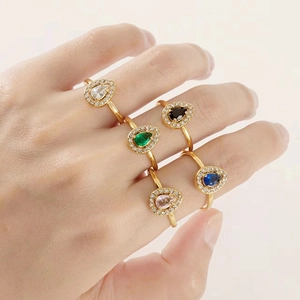Teardrop Zircon Ring 18K Gold Plated Stainless Steel Adjustable Water Drop Halo Elegant Finger Jewelry For Women