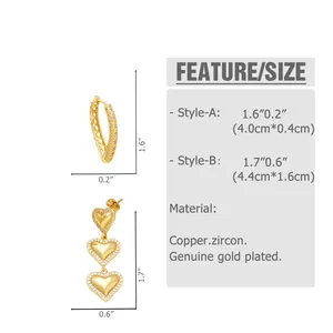 Detailed dimension chart for heart earrings showing height and width in copper and zircon