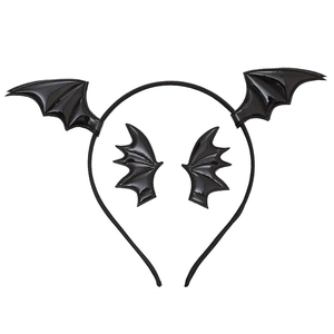 Detail view of black glossy bat wing headband set for Halloween party costumes