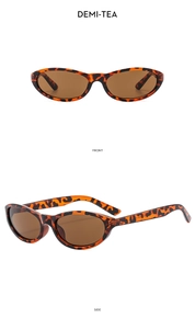 Detailed front and side view of small cat-eye tortoiseshell sunglasses with tea lenses