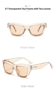 Detail view of square semi-rimless tea sunglasses with elegant gold metal temple decor
