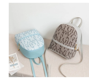 Mini printed backpacks with metal zippers and slim adjustable straps in blue and taupe