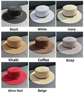 Flat-top straw hat detail with leather band, gold buckle, and 8 available colors
