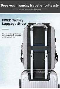 Detail of gray business backpack with fixed luggage strap attached to a silver suitcase