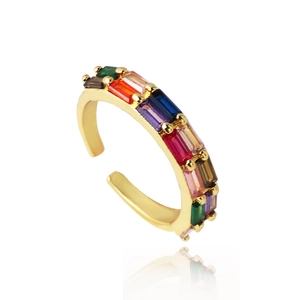 Macro shot of 18K gold-plated adjustable ring with rainbow rectangular cubic zirconia
