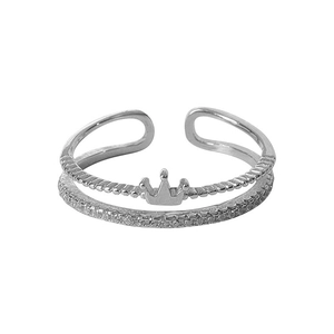 Elegante anello doppio a corona con pavé di zirconi in argento, misura regolabile