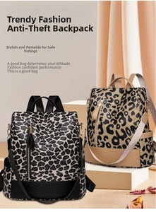Detail view of leopard print backpack with detachable shoulder strap and anti-theft zipper