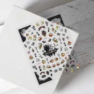 5D ultra-thin Halloween nail stickers featuring pumpkins and ghosts on white stone base