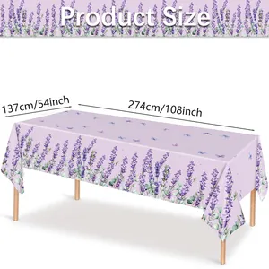 Detail view of lavender pattern rectangular plastic tablecloth measuring 137x274 cm